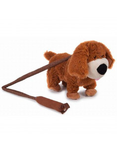 Tradineur - Perro de peluche, anda/baila y canta, incluye correa rígida de 75 cm, peluche musical para pasear, juguete infantil