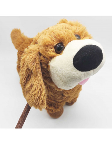 Tradineur - Perro de peluche, anda/baila y canta, incluye correa rígida de 75 cm, peluche musical para pasear, juguete infantil
