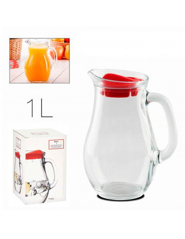 Tradineur - Jarra de cristal con tapa de plástico, servir agua, té helado, bebidas frías, limonada, zumo, transparente, resisten