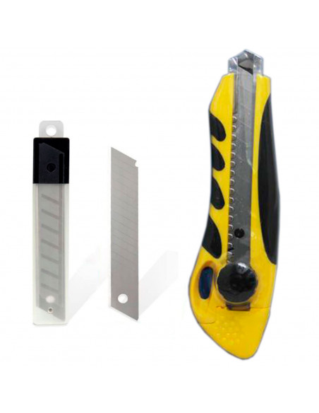 Tradineur - Cúter con 2 cuchillas de recambio, superficie antideslizante, cutter con hoja de 110 x 18 mm, bloqueo de seguridad, Tradineur - Cúter con 2 cuchillas de recambio, superficie antideslizante, cutter con hoja de 110 x 18 mm, bloqueo de seguridad,
