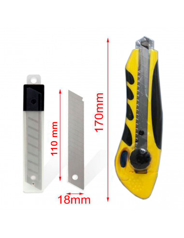 Tradineur - Cúter con 2 cuchillas de recambio, superficie antideslizante, cutter con hoja de 110 x 18 mm, bloqueo de seguridad,