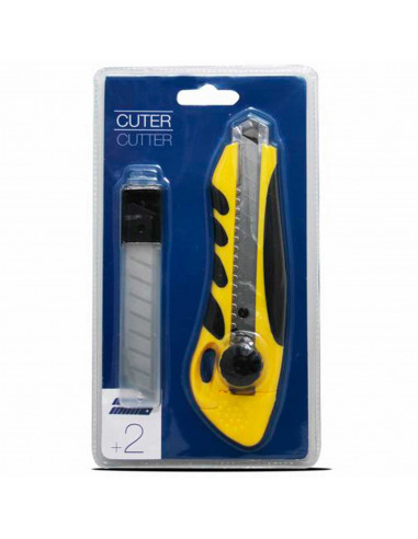 Tradineur - Cúter con 2 cuchillas de recambio, superficie antideslizante, cutter con hoja de 110 x 18 mm, bloqueo de seguridad,