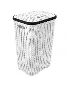 Tradineur - Cesto para ropa sucia con tapa y asas, pongotodo rattan de plástico, cubo para colada, imitación de mimbre, fabricad