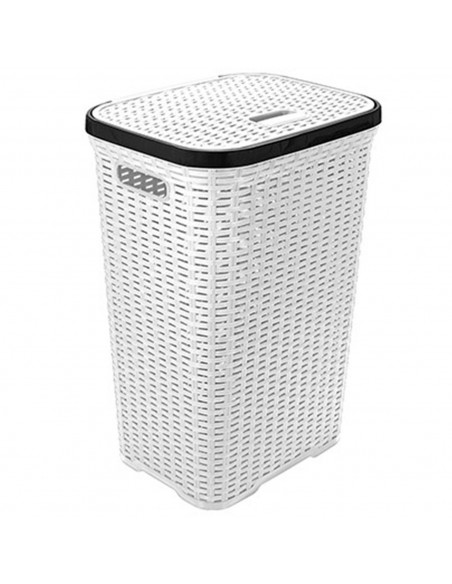 Tradineur - Cesto para ropa sucia con tapa y asas, pongotodo rattan de plástico, cubo para colada, imitación de mimbre, fabricad