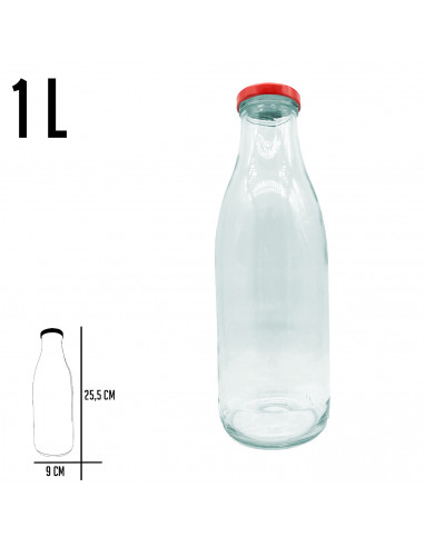 Tradineur - Botella de vidrio multiusos, bote, frasco facetado con tapa de rosca, guardar agua, leche, zumo, bebidas (9 x 25,5 c