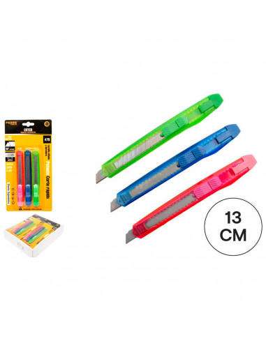 Tradineur - Pack de 3 cúters - Mango ergonómico antideslizante - Fabricado en acero y plástico - Longitud de 13 cm - Color: Azul