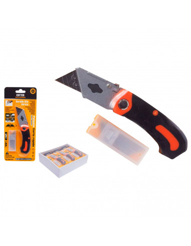 Tradineur - Cúter plegable con 5 hojas de repuesto - Mango ergonómico antideslizante - Fabricado en acero y plástico - Hojas de