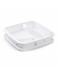 Tradineur - Escurreplatos de plástico con bandeja para agua, de 39 x 39 x 7.5 cm color  blanco. Escurridera para hogar