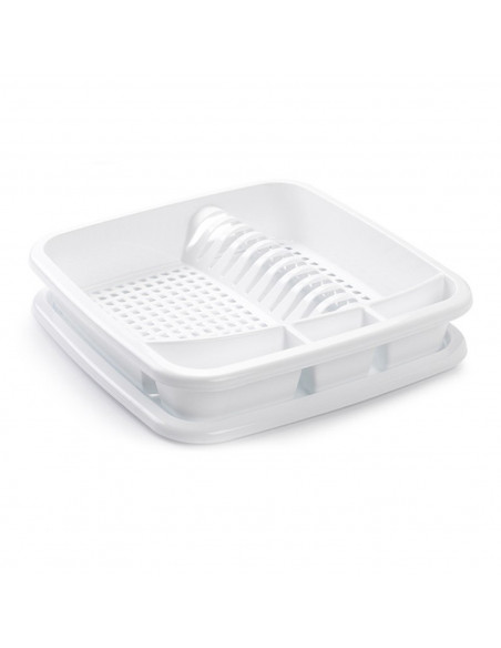 Tradineur - Escurreplatos de plástico con bandeja para agua, de 39 x 39 x 7.5 cm color  blanco. Escurridera para hogar
