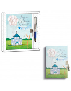 Tradineur - Diario de Primera Comunión + bolígrafo con luz, tapa dura, incluye candado, 90 páginas decoradas, regalo original (N