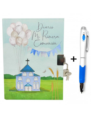 Tradineur - Diario de Primera Comunión + bolígrafo con luz, tapa dura, incluye candado, 90 páginas decoradas, regalo original (N