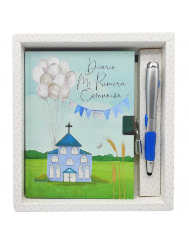 Tradineur - Diario de Primera Comunión + bolígrafo con luz, tapa dura, incluye candado, 90 páginas decoradas, regalo original (N