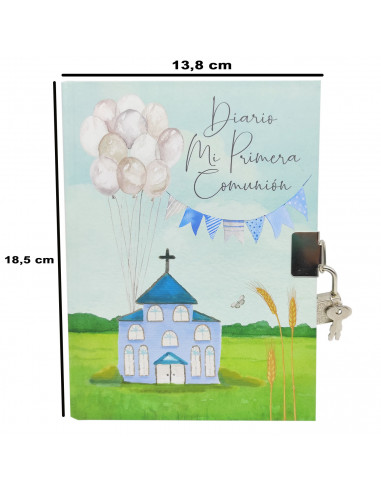 Tradineur - Diario de Primera Comunión + bolígrafo con luz, tapa dura, incluye candado, 90 páginas decoradas, regalo original (N