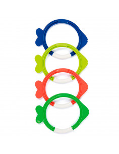 Tradineur - Set de 4 aros de colores con forma de pez para buceo, plástico, juegos acuáticos, piscina, coordinación mano-ojo, co