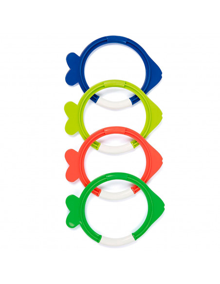 Tradineur - Set de 4 aros de colores con forma de pez para buceo, plástico, juegos acuáticos, piscina, coordinación mano-ojo, co