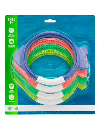Tradineur - Set de 4 aros de colores con forma de pez para buceo, plástico, juegos acuáticos, piscina, coordinación mano-ojo, co
