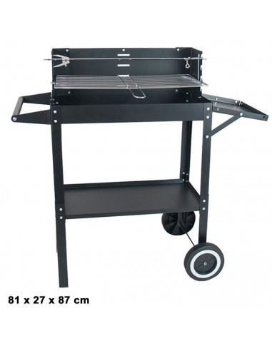 Tradineur - Barbacoa carro de hierro, parrilla con ruedas y grill extraíble, incluye estante inferior, bandeja y asa, carbón, ja