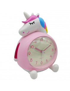 Tradineur - Reloj despertador infantil analógico de plástico, incluye luz y función snooze, botón de apagado, funcionamiento con