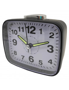 Tradineur - Reloj despertador analógico de plástico, silencioso, alarma programable, botón de apagado, funcionamiento con 2 pila