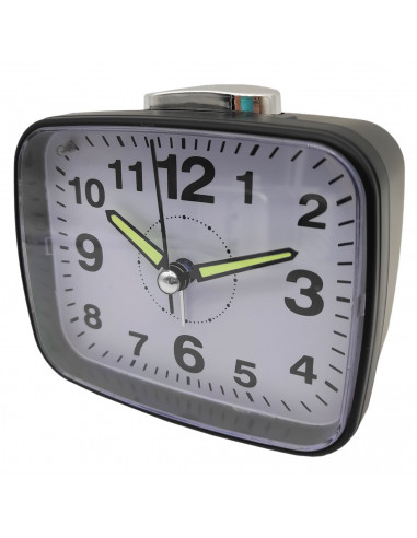 Tradineur - Reloj despertador analógico de plástico, silencioso, alarma programable, botón de apagado, funcionamiento con 2 pila