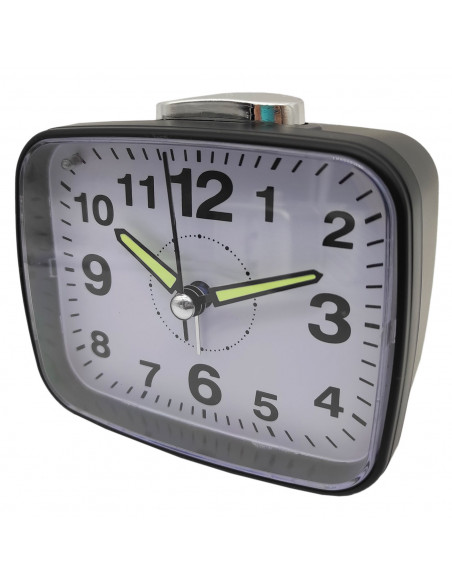 Tradineur - Reloj despertador analógico de plástico, silencioso, alarma programable, botón de apagado, funcionamiento con 2 pila