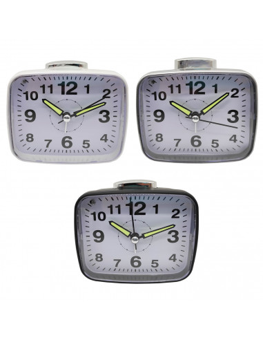 Tradineur - Reloj despertador analógico de plástico, silencioso, alarma programable, botón de apagado, funcionamiento con 2 pila