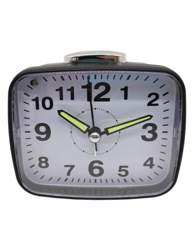 Tradineur - Reloj despertador analógico de plástico, silencioso, alarma programable, botón de apagado, funcionamiento con 2 pila