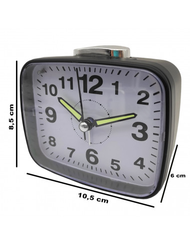 Tradineur - Reloj despertador analógico de plástico, silencioso, alarma programable, botón de apagado, funcionamiento con 2 pila