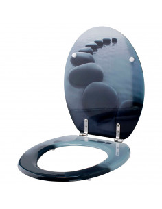 Tradineur - Tapa de WC universal decorada con camino de piedras, asiento de madera MDF para inodoro, bisagras de acero inoxidabl