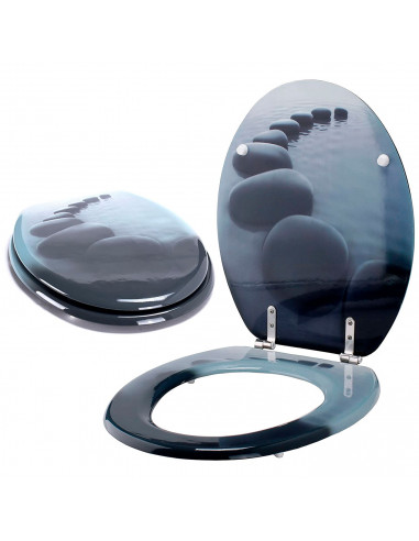 Tradineur - Tapa de WC universal decorada con camino de piedras, asiento de madera MDF para inodoro, bisagras de acero inoxidabl