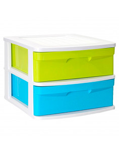 Tradineur - Cajonera de plástico Sena, 2 cajones multicolor, multiusos, ordenación, almacenaje, escuela, hogar, fabricada en Esp