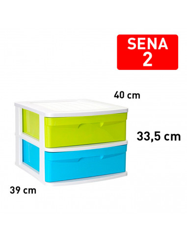 Tradineur - Cajonera de plástico Sena, 2 cajones multicolor, multiusos, ordenación, almacenaje, escuela, hogar, fabricada en Esp