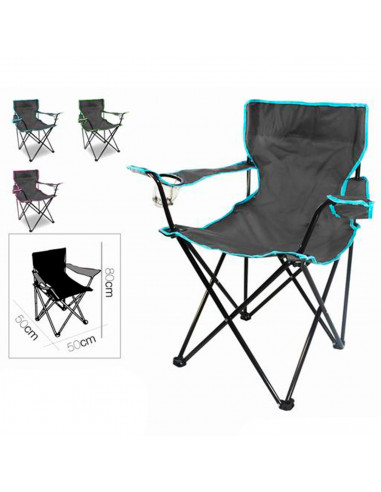 Tradineur - Silla de camping plegable con reposabrazos y portavasos, acero y poliéster, incluye bolsa, máximo 90 kg, acampada, p