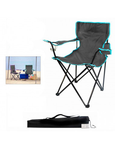 Tradineur - Silla de camping plegable con reposabrazos y portavasos, acero y poliéster, incluye bolsa, máximo 90 kg, acampada, p