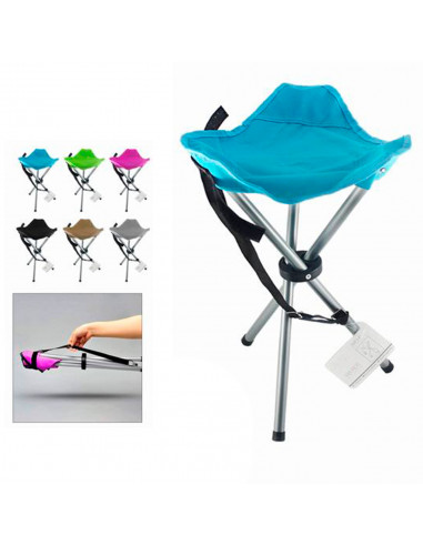 Tradineur - Taburete de camping plegable de acero y poliéster, incluye correa ajustable, máximo 90 kg, acampada, pescar, jardín,