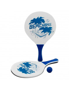 Tradineur - Set de 2 palas de playa con pelota, fabricado en madera, Para todas las edades. Diseño en color blanco y azul. 38 x