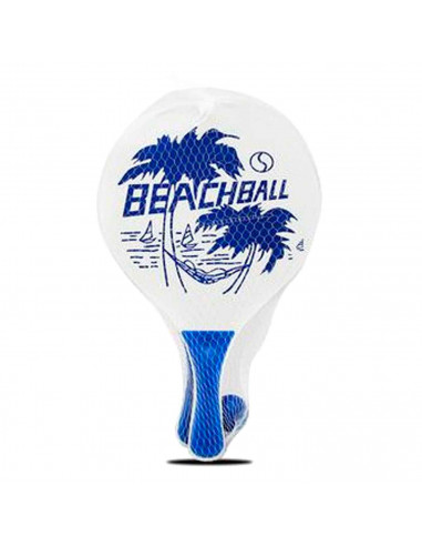 Tradineur - Set de 2 palas de playa con pelota, fabricado en madera, Para todas las edades. Diseño en color blanco y azul. 38 x