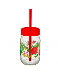 Tradineur - Tarro de vidrio decorado Smoothy, incluye pajita y tapa, reutilizable, servir bebidas, refrescos, limonada, zumo, fi