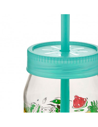 Tradineur - Tarro de vidrio decorado Smoothy, incluye pajita y tapa, reutilizable, servir bebidas, refrescos, limonada, zumo, fi