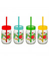 Tradineur - Tarro de vidrio decorado Smoothy, incluye pajita y tapa, reutilizable, servir bebidas, refrescos, limonada, zumo, fi