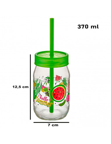 Tradineur - Tarro de vidrio decorado Smoothy, incluye pajita y tapa, reutilizable, servir bebidas, refrescos, limonada, zumo, fi