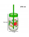 Tradineur - Tarro de vidrio decorado Smoothy, incluye pajita y tapa, reutilizable, servir bebidas, refrescos, limonada, zumo, fi