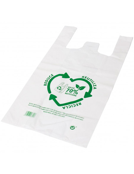 Tradineur - Pack de 50 bolsas de plástico tipo camiseta, reutilizables, gran resistencia, cumplen normativa, aptas para uso alim