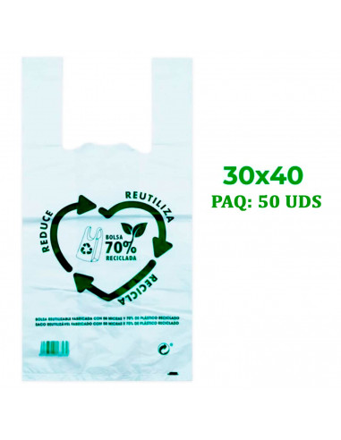 Tradineur - Pack de 50 bolsas de plástico tipo camiseta, reutilizables, gran resistencia, cumplen normativa, aptas para uso alim
