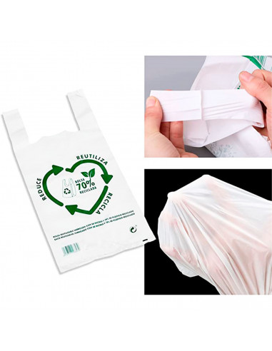 Tradineur - Pack de 50 bolsas de plástico tipo camiseta, reutilizables, gran resistencia, cumplen normativa, aptas para uso alim