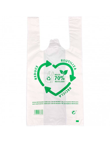 Tradineur - Pack de 50 bolsas de plástico tipo camiseta, reutilizables, gran resistencia, cumplen normativa, aptas para uso alim