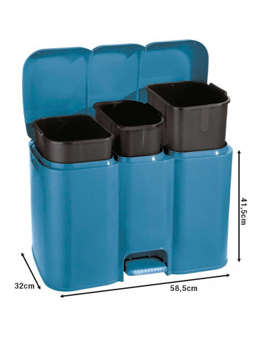 Tradineur - Cubo de basura triple de plástico con tapa, papelera, fácil apertura con pedal, contenedor almacenamiento de residuo