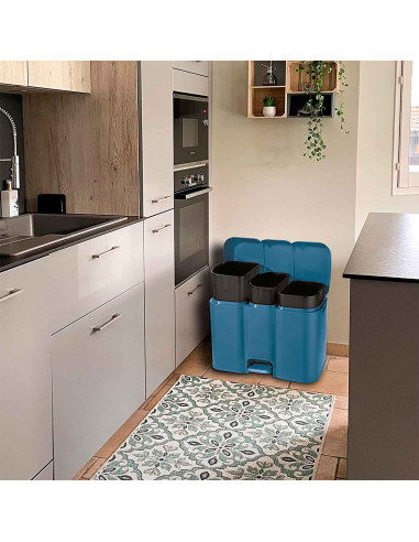 Tradineur - Cubo de basura triple de plástico con tapa, papelera, fácil apertura con pedal, contenedor almacenamiento de residuo