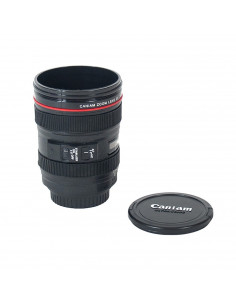 Gerimport - Vaso térmico con forma de objetivo de cámara de 400 ml, vaso multifunción con tapa, 12.5 x 8.5 cm