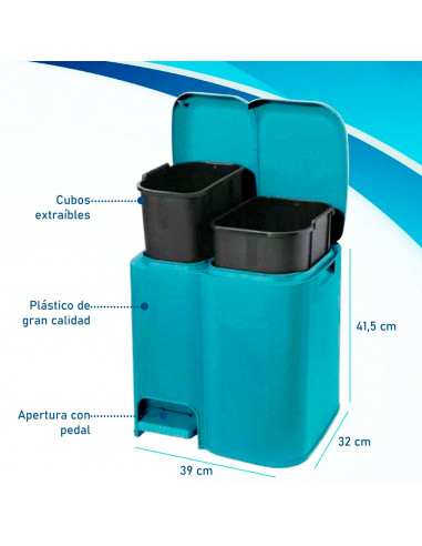 Tradineur - Cubo de basura doble de plástico con tapa, papelera, fácil apertura con pedal, contenedor almacenamiento de residuos